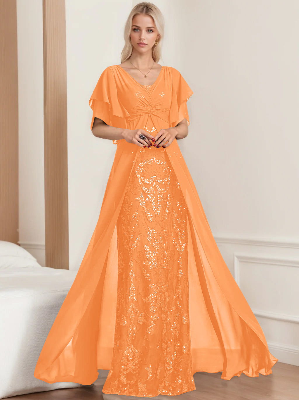 Robe de Mère de la Mariée A-Line/Princess à Col en V et Manches Mi-Longues, Grande Taille, avec Plis