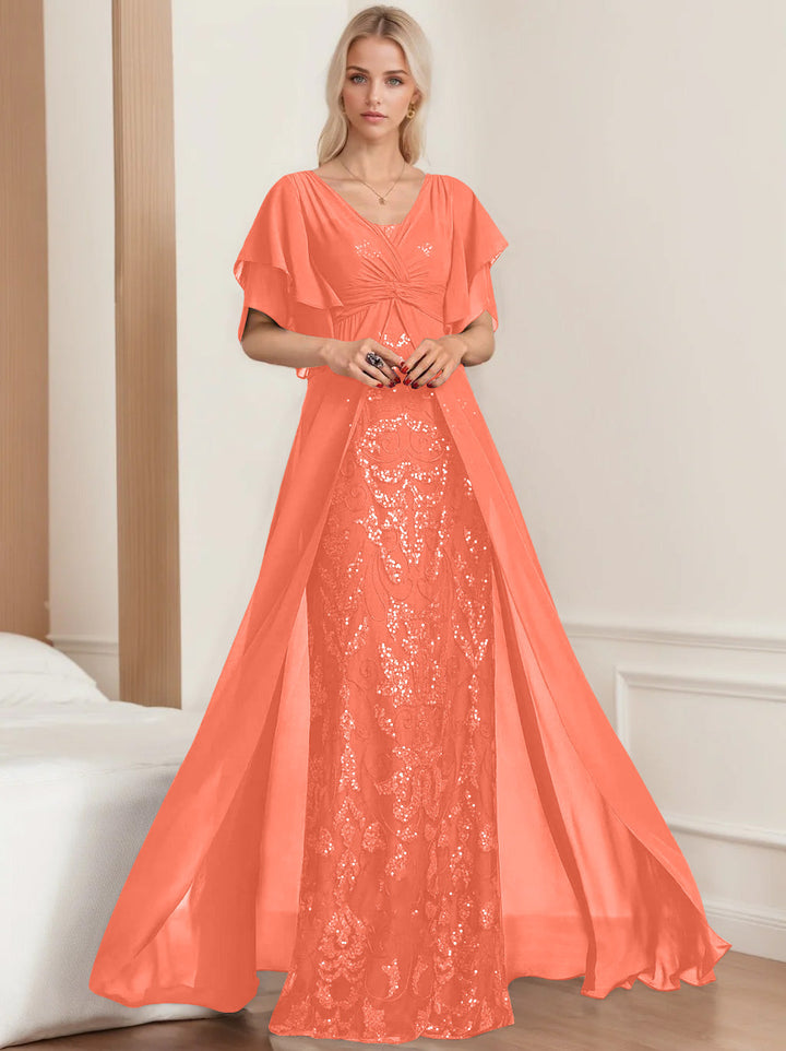 Robe de Mère de la Mariée A-Line/Princess à Col en V et Manches Mi-Longues, Grande Taille, avec Plis