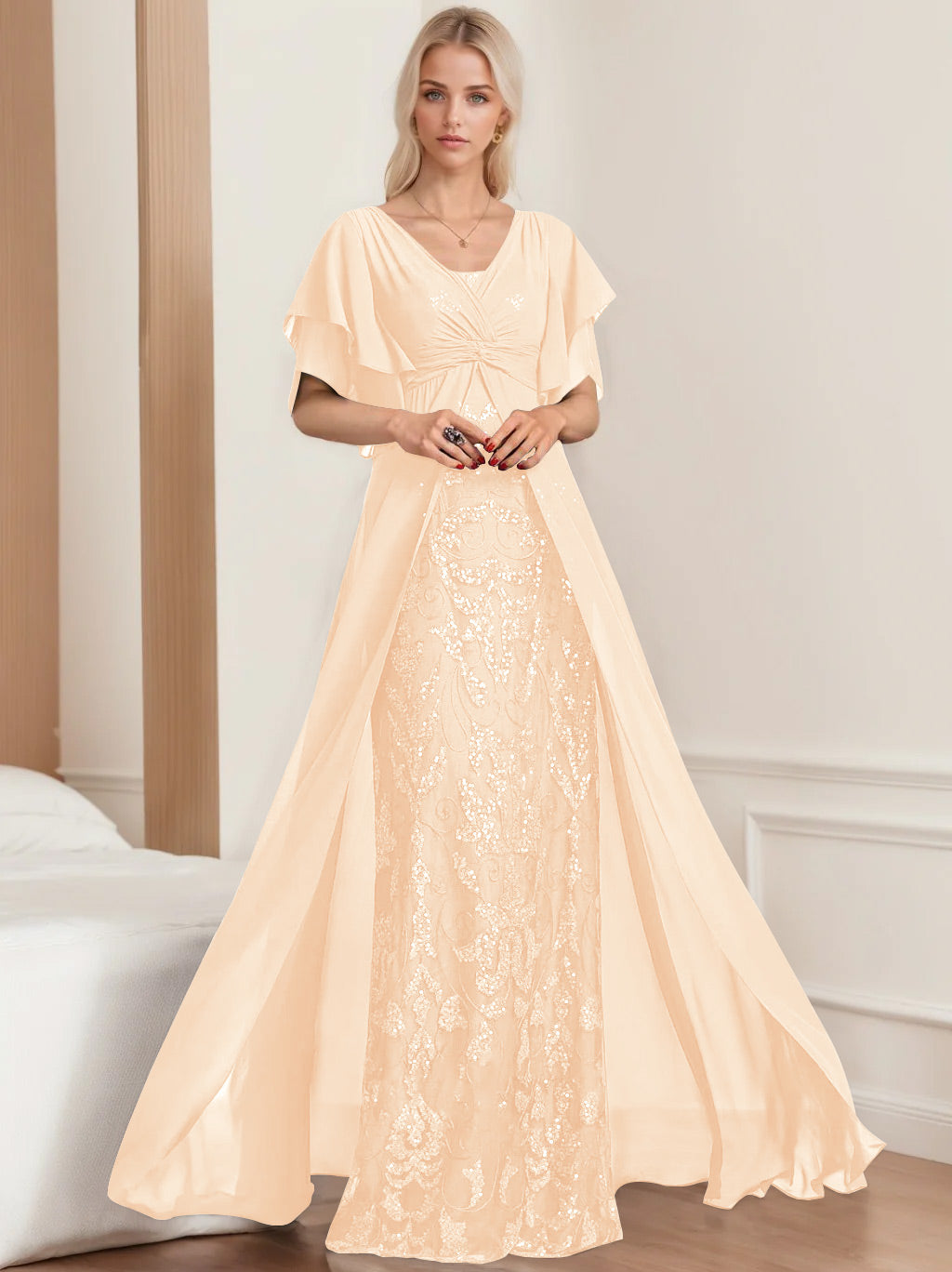 Robe de Mère de la Mariée A-Line/Princess à Col en V et Manches Mi-Longues, Grande Taille, avec Plis