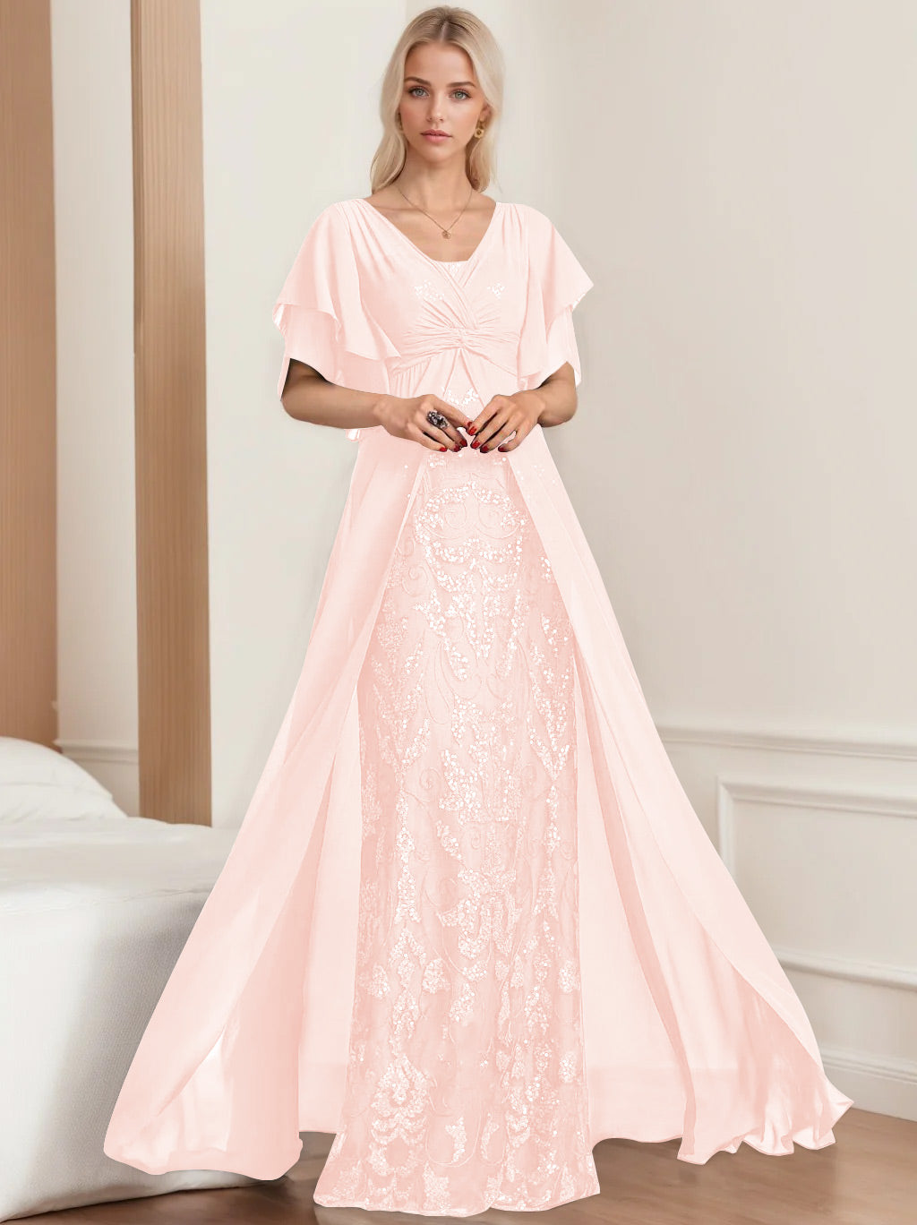 Robe de Mère de la Mariée A-Line/Princess à Col en V et Manches Mi-Longues, Grande Taille, avec Plis
