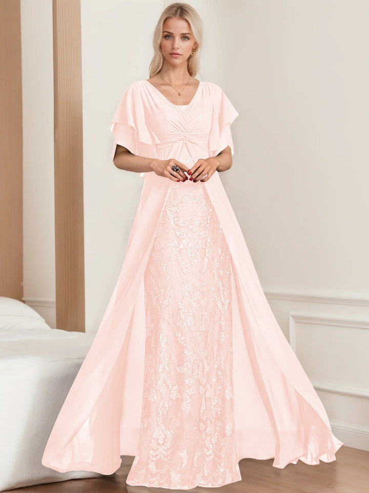 Robe de Mère de la Mariée A-Line/Princess à Col en V et Manches Mi-Longues, Grande Taille, avec Plis