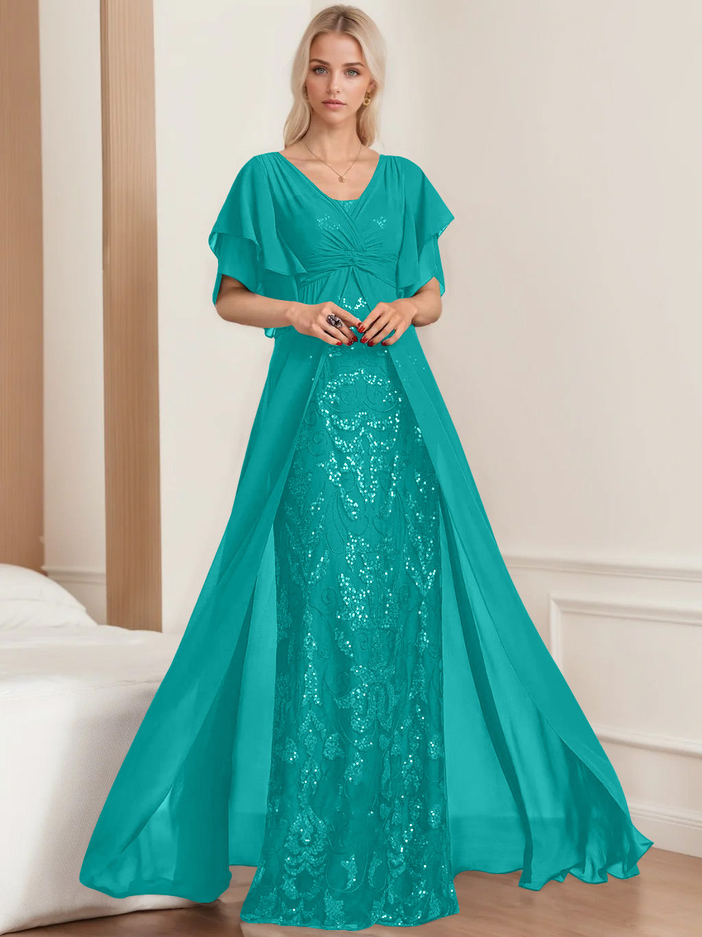 Robe de Mère de la Mariée A-Line/Princess à Col en V et Manches Mi-Longues, Grande Taille, avec Plis