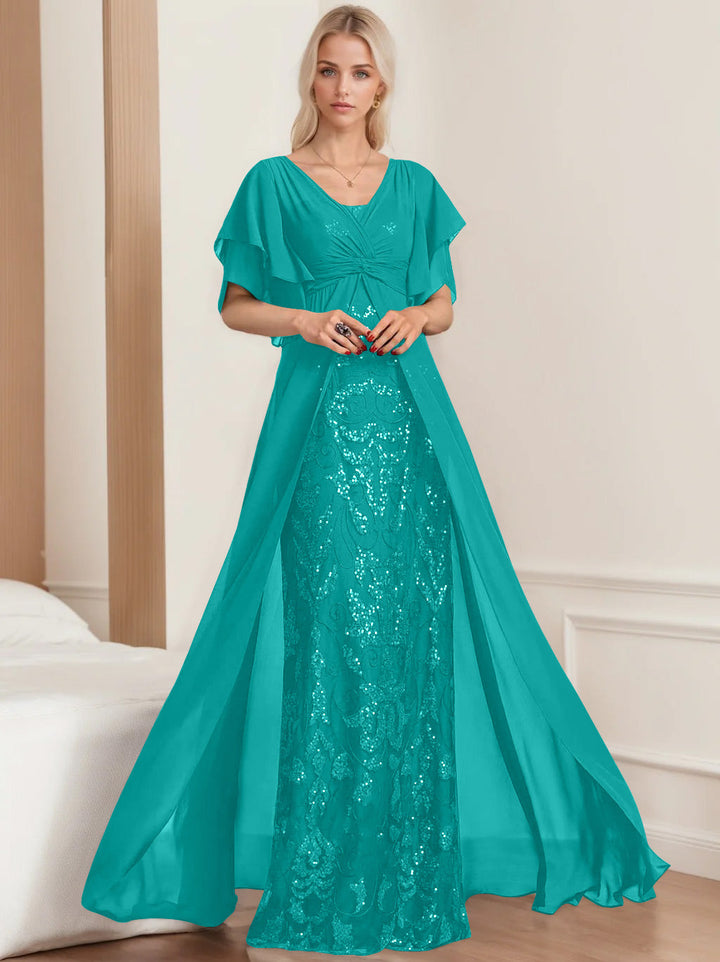 Robe de Mère de la Mariée A-Line/Princess à Col en V et Manches Mi-Longues, Grande Taille, avec Plis