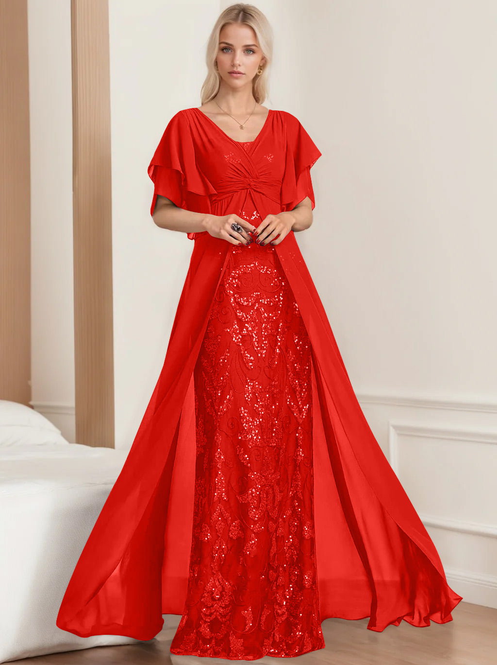 Robe de Mère de la Mariée A-Line/Princess à Col en V et Manches Mi-Longues, Grande Taille, avec Plis