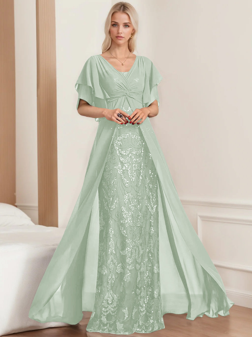 Robe de Mère de la Mariée A-Line/Princess à Col en V et Manches Mi-Longues, Grande Taille, avec Plis