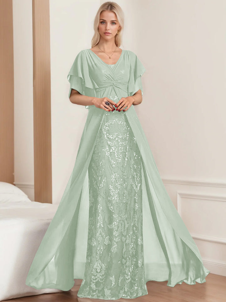 Robe de Mère de la Mariée A-Line/Princess à Col en V et Manches Mi-Longues, Grande Taille, avec Plis