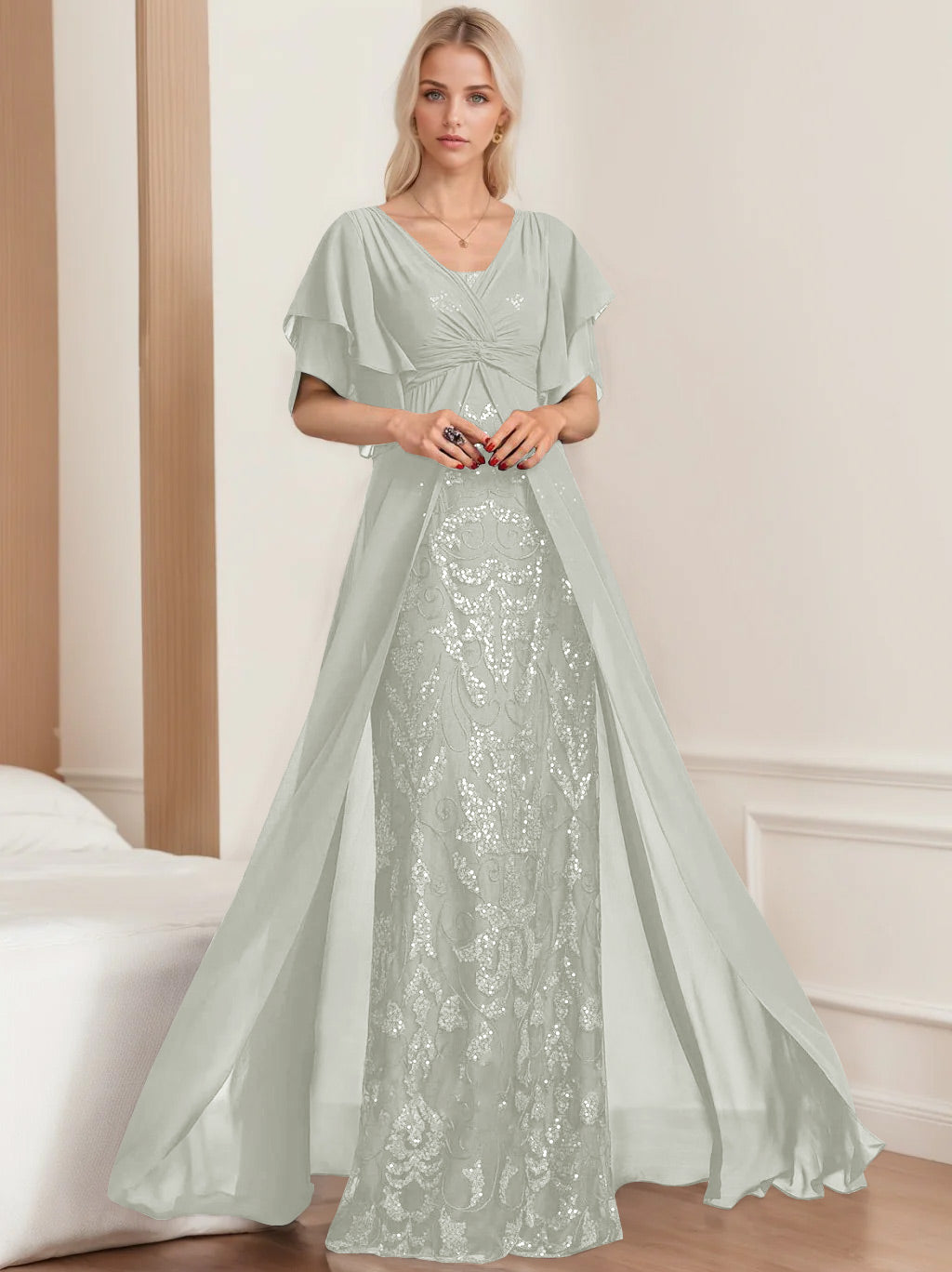 Robe de Mère de la Mariée A-Line/Princess à Col en V et Manches Mi-Longues, Grande Taille, avec Plis