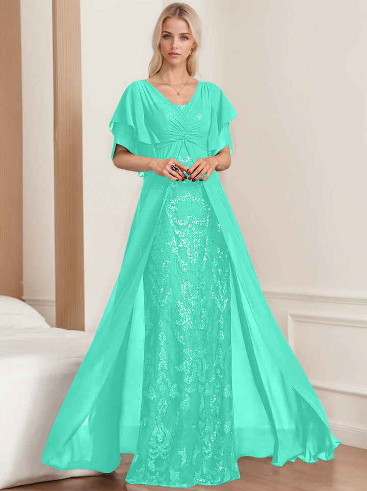 Robe de Mère de la Mariée A-Line/Princess à Col en V et Manches Mi-Longues, Grande Taille, avec Plis