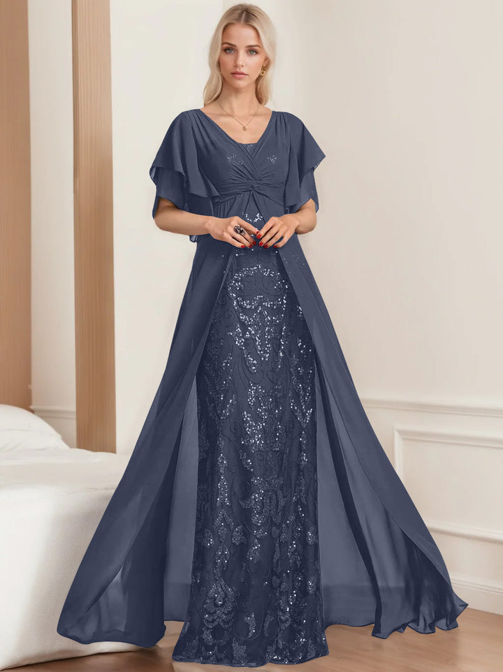 Robe de Mère de la Mariée A-Line/Princess à Col en V et Manches Mi-Longues, Grande Taille, avec Plis