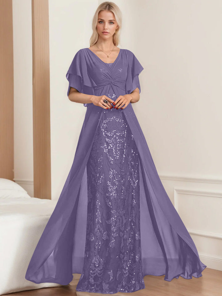 Robe de Mère de la Mariée A-Line/Princess à Col en V et Manches Mi-Longues, Grande Taille, avec Plis