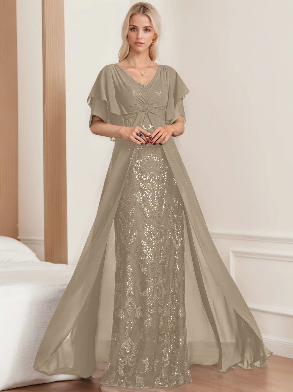 Robe de Mère de la Mariée A-Line/Princess à Col en V et Manches Mi-Longues, Grande Taille, avec Plis