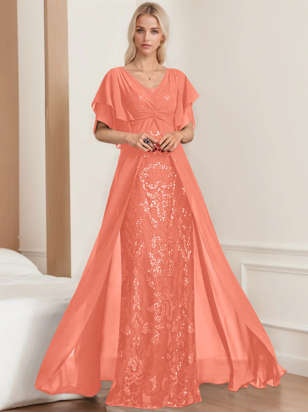 Robe de Mère de la Mariée A-Line/Princess à Col en V et Manches Mi-Longues, Grande Taille, avec Plis