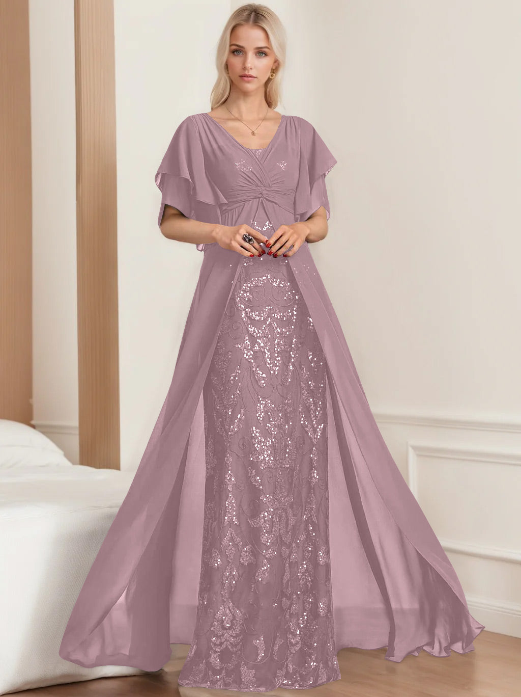 Robe de Mère de la Mariée A-Line/Princess à Col en V et Manches Mi-Longues, Grande Taille, avec Plis