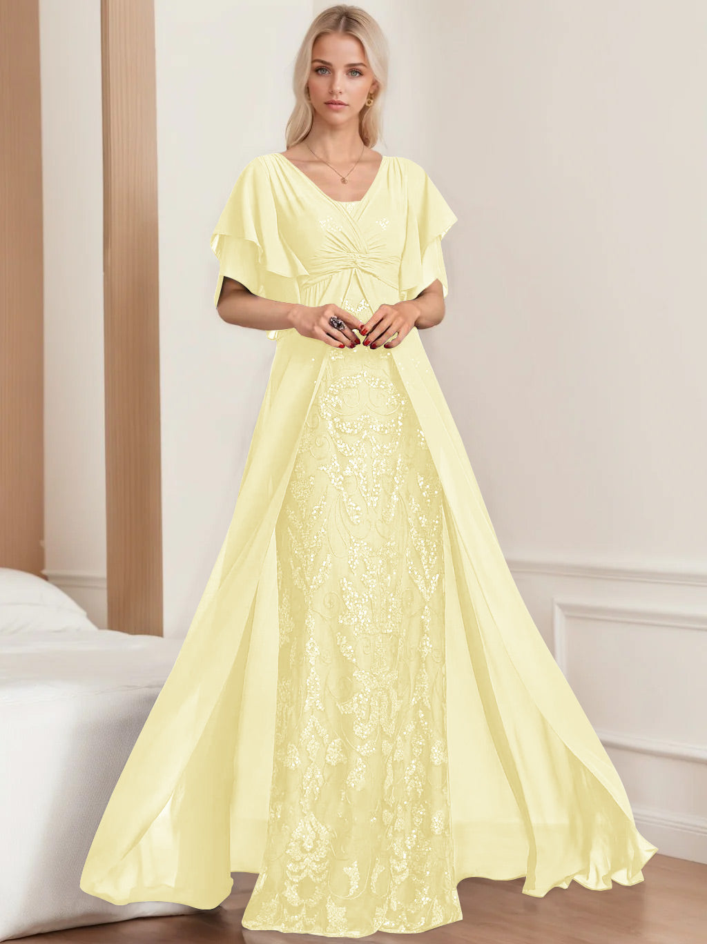 Robe de Mère de la Mariée A-Line/Princess à Col en V et Manches Mi-Longues, Grande Taille, avec Plis