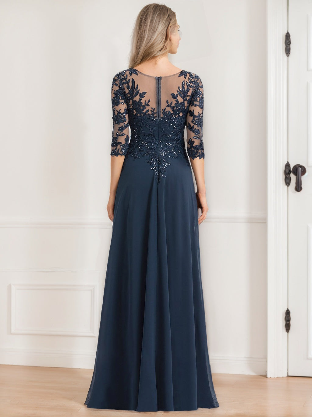 Robe de Mère de la Mariée Coupe A-Line/Princesse, Col en V, Manches Mi-Longues, Longueur Au Sol, avec Paillettes