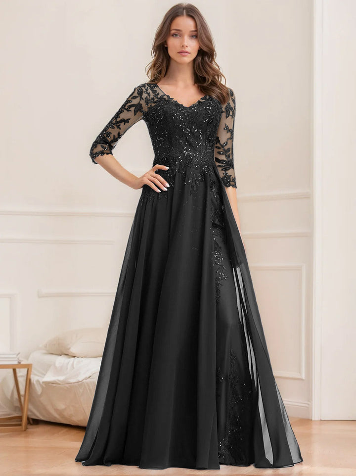 Robe de Mère de la Mariée Coupe A-Line/Princesse, Col en V, Manches Mi-Longues, Longueur Au Sol, avec Paillettes