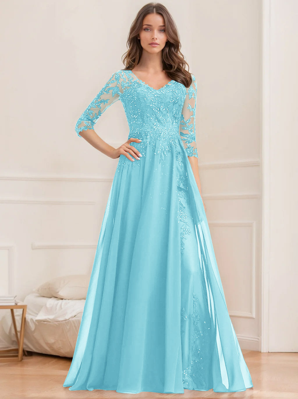 Robe de Mère de la Mariée Coupe A-Line/Princesse, Col en V, Manches Mi-Longues, Longueur Au Sol, avec Paillettes