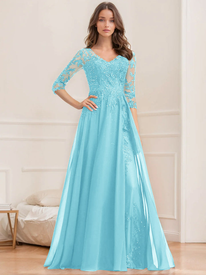 Robe de Mère de la Mariée Coupe A-Line/Princesse, Col en V, Manches Mi-Longues, Longueur Au Sol, avec Paillettes