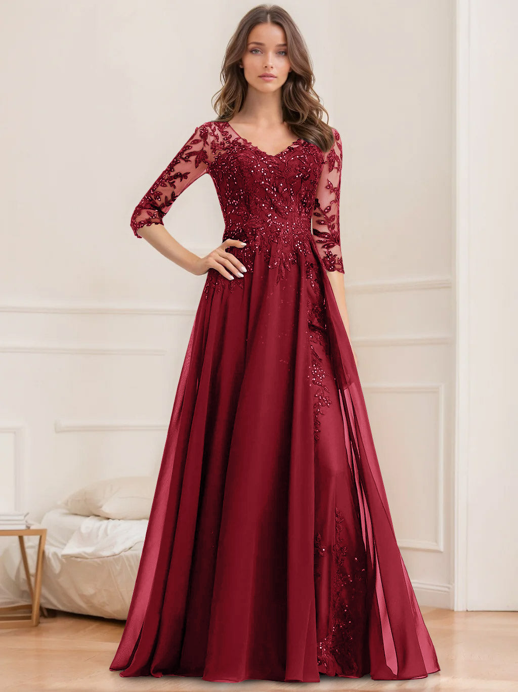 Robe de Mère de la Mariée Coupe A-Line/Princesse, Col en V, Manches Mi-Longues, Longueur Au Sol, avec Paillettes