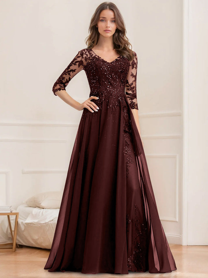 Robe de Mère de la Mariée Coupe A-Line/Princesse, Col en V, Manches Mi-Longues, Longueur Au Sol, avec Paillettes