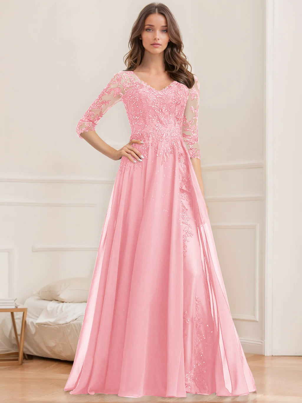 Robe de Mère de la Mariée Coupe A-Line/Princesse, Col en V, Manches Mi-Longues, Longueur Au Sol, avec Paillettes