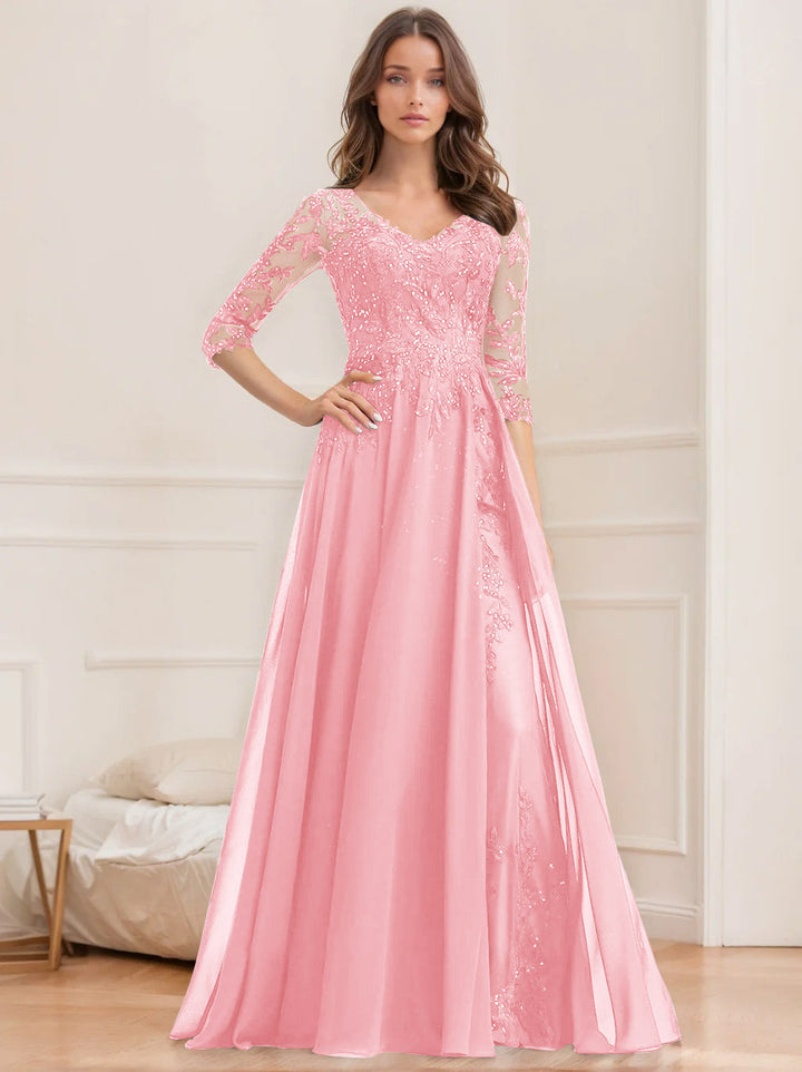 Robe de Mère de la Mariée Coupe A-Line/Princesse, Col en V, Manches Mi-Longues, Longueur Au Sol, avec Paillettes