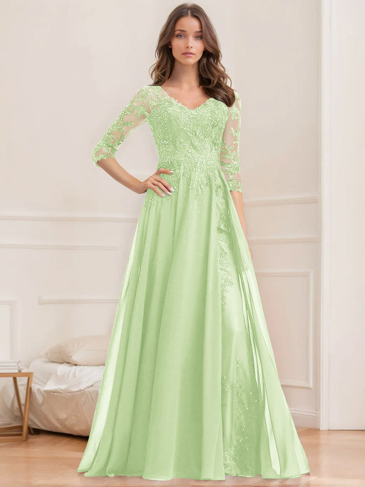 Robe de Mère de la Mariée Coupe A-Line/Princesse, Col en V, Manches Mi-Longues, Longueur Au Sol, avec Paillettes