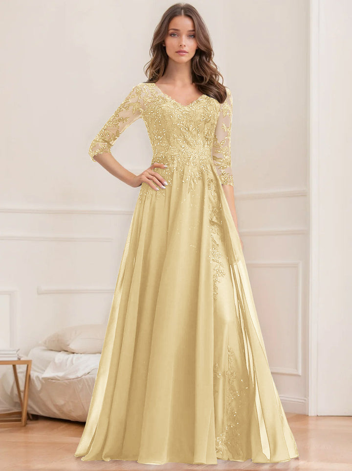 Robe de Mère de la Mariée Coupe A-Line/Princesse, Col en V, Manches Mi-Longues, Longueur Au Sol, avec Paillettes