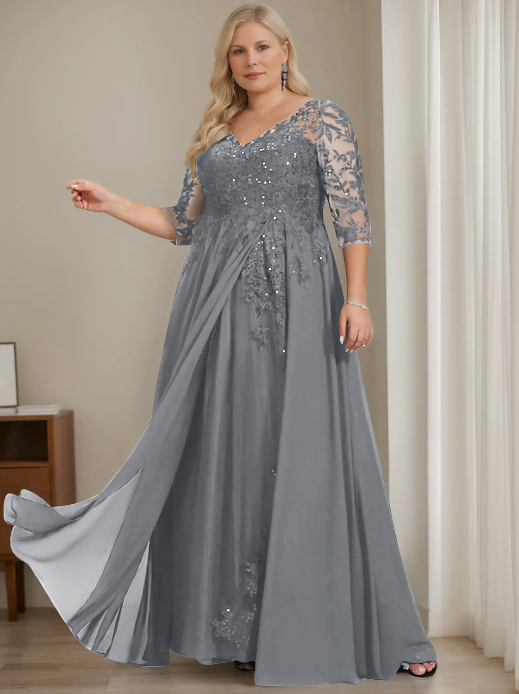 Robe de Mère de la Mariée Grande Taille, Coupe A-Line/Princess, Col en V, Manches Mi-Longues, Longueur Au Sol, avec Paillettes