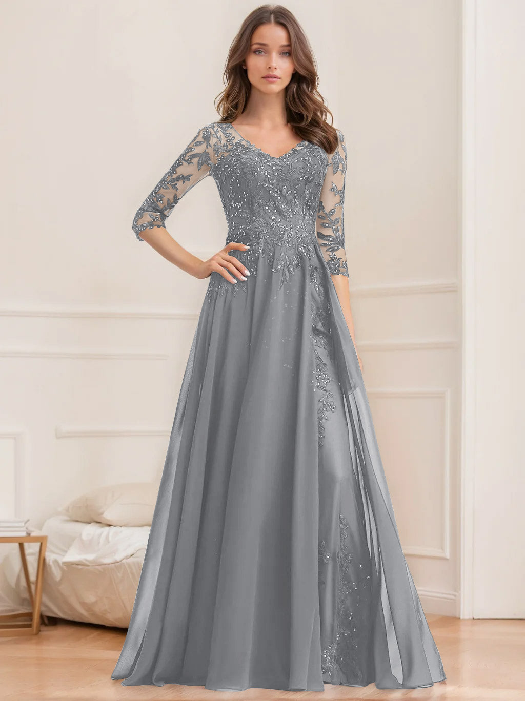 Robe de Mère de la Mariée Coupe A-Line/Princesse, Col en V, Manches Mi-Longues, Longueur Au Sol, avec Paillettes