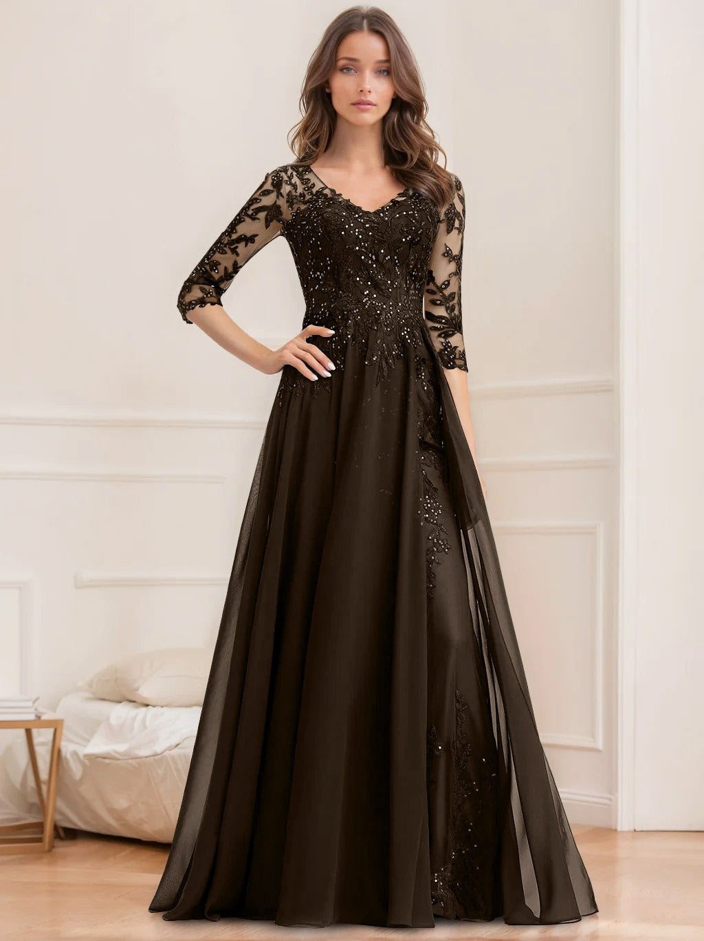 Robe de Mère de la Mariée Coupe A-Line/Princesse, Col en V, Manches Mi-Longues, Longueur Au Sol, avec Paillettes