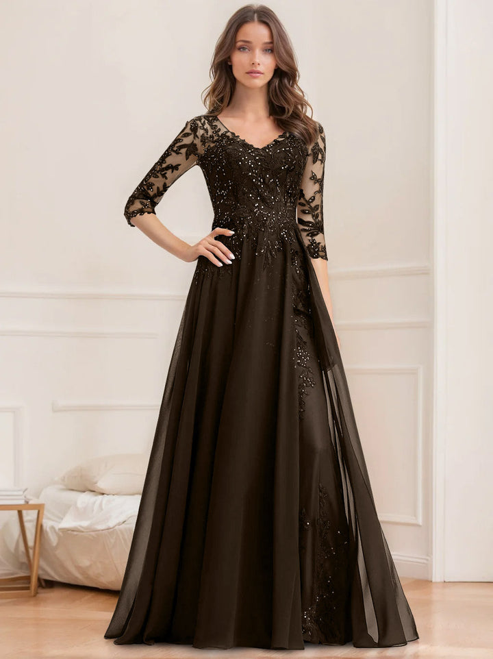 Robe de Mère de la Mariée Coupe A-Line/Princesse, Col en V, Manches Mi-Longues, Longueur Au Sol, avec Paillettes