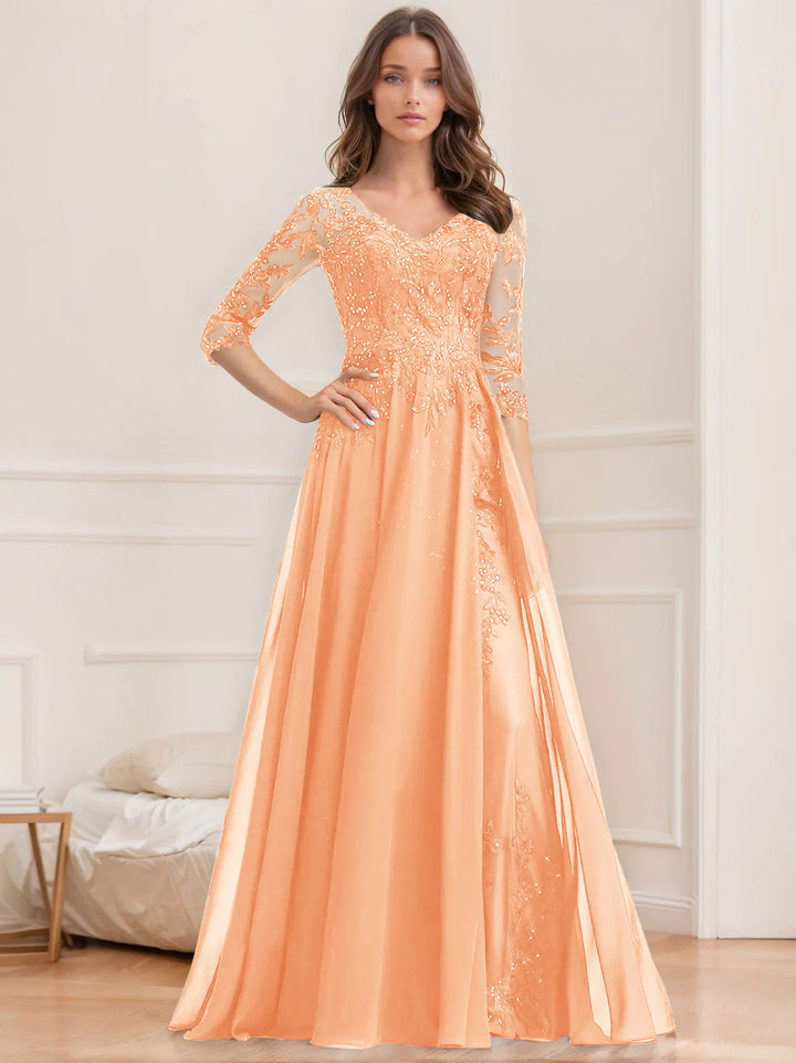 Robe de Mère de la Mariée Coupe A-Line/Princesse, Col en V, Manches Mi-Longues, Longueur Au Sol, avec Paillettes