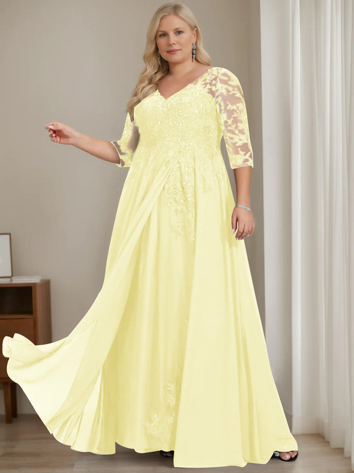 Robe de Mère de la Mariée Grande Taille, Coupe A-Line/Princess, Col en V, Manches Mi-Longues, Longueur Au Sol, avec Paillettes