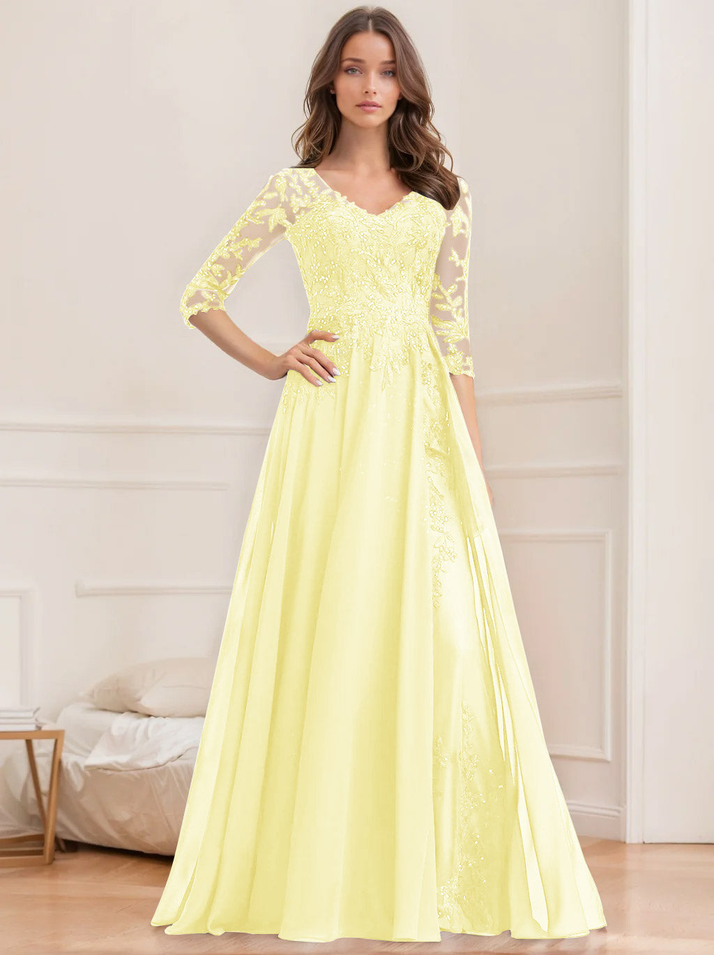 Robe de Mère de la Mariée Coupe A-Line/Princesse, Col en V, Manches Mi-Longues, Longueur Au Sol, avec Paillettes