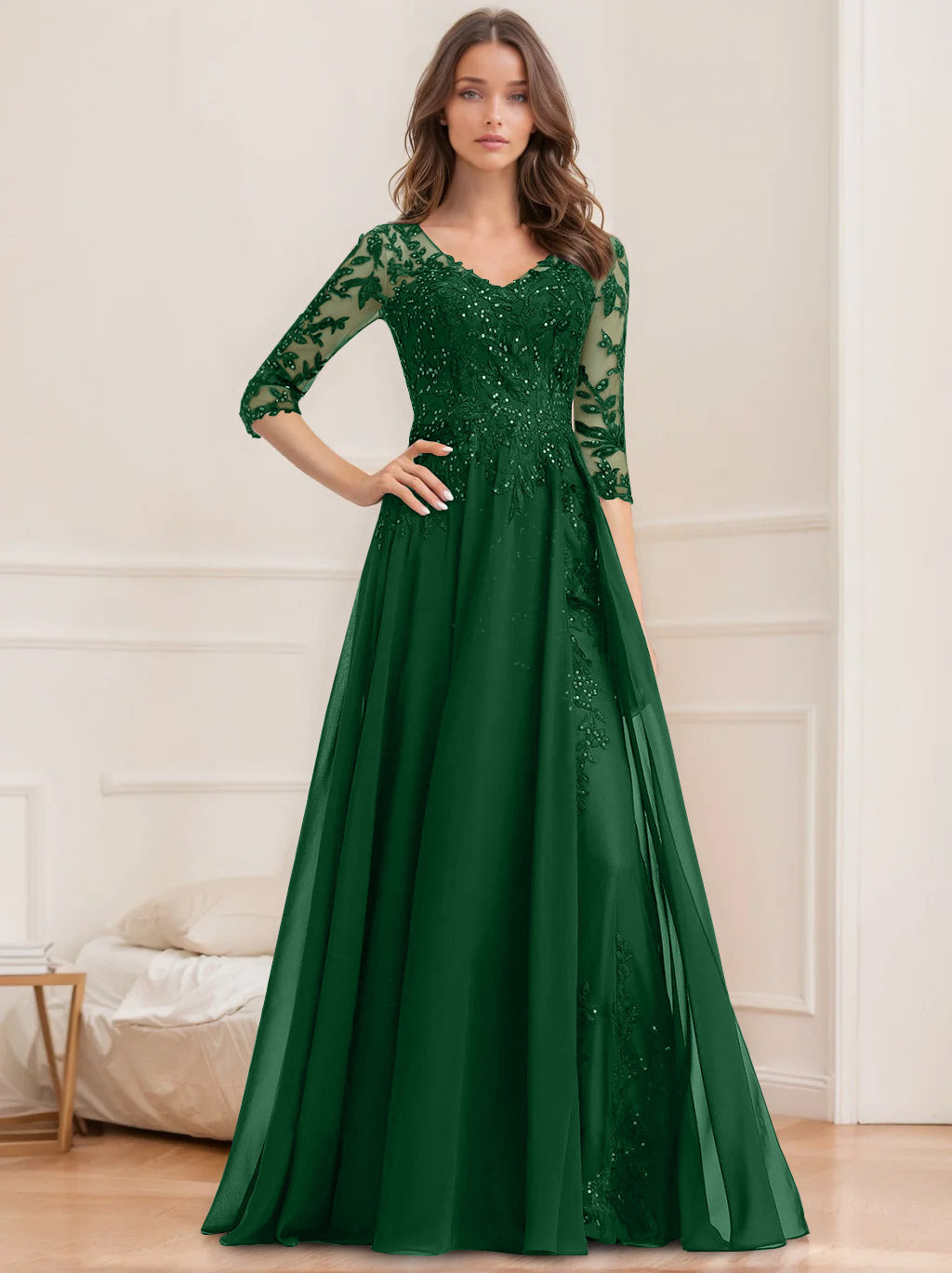 Robe de Mère de la Mariée Coupe A-Line/Princesse, Col en V, Manches Mi-Longues, Longueur Au Sol, avec Paillettes