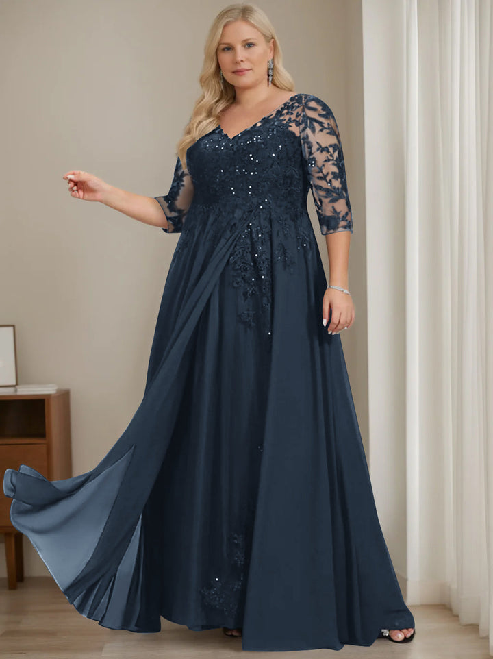 Robe de Mère de la Mariée Coupe A-Line/Princesse, Col en V, Manches Mi-Longues, Longueur Au Sol, avec Paillettes
