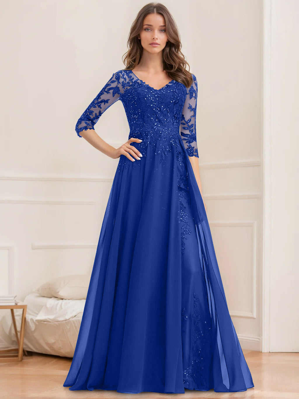 Robe de Mère de la Mariée Coupe A-Line/Princesse, Col en V, Manches Mi-Longues, Longueur Au Sol, avec Paillettes