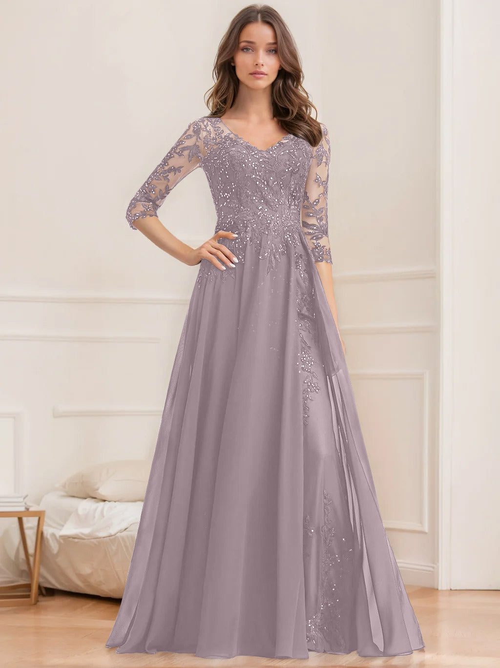 Robe de Mère de la Mariée Coupe A-Line/Princesse, Col en V, Manches Mi-Longues, Longueur Au Sol, avec Paillettes