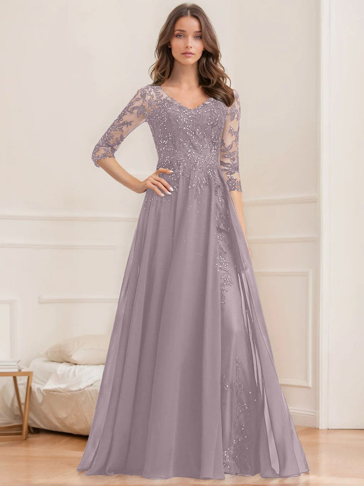 Robe de Mère de la Mariée Coupe A-Line/Princesse, Col en V, Manches Mi-Longues, Longueur Au Sol, avec Paillettes