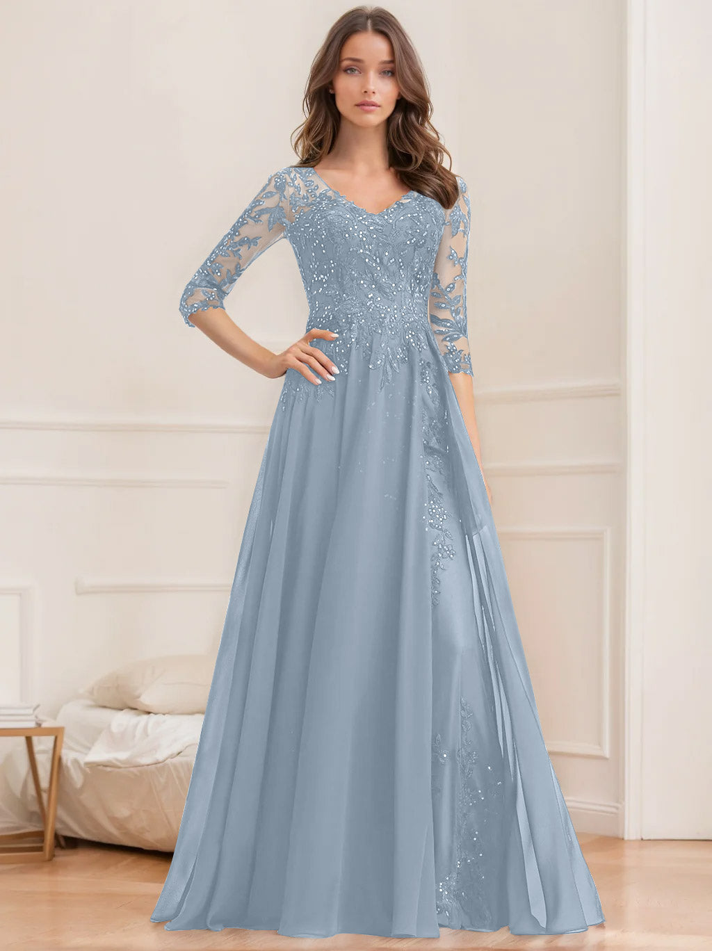 Robe de Mère de la Mariée Coupe A-Line/Princesse, Col en V, Manches Mi-Longues, Longueur Au Sol, avec Paillettes