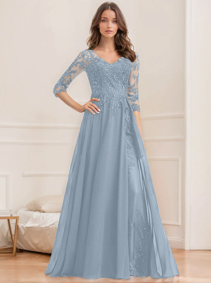 Robe de Mère de la Mariée Coupe A-Line/Princesse, Col en V, Manches Mi-Longues, Longueur Au Sol, avec Paillettes