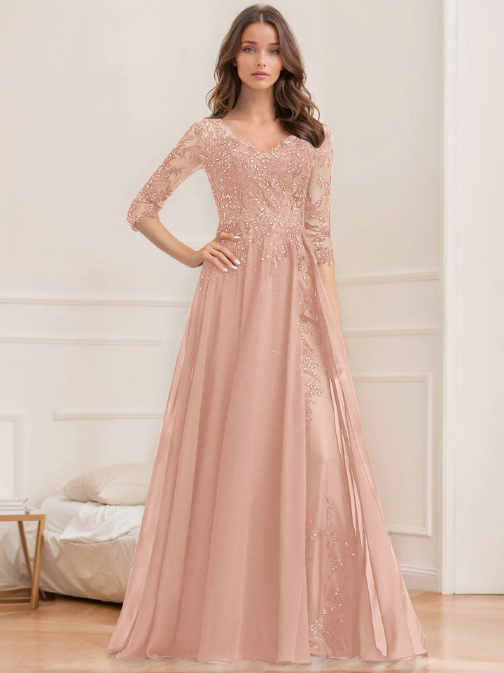 Robe de Mère de la Mariée Coupe A-Line/Princesse, Col en V, Manches Mi-Longues, Longueur Au Sol, avec Paillettes