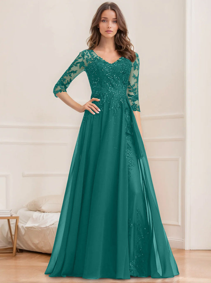 Robe de Mère de la Mariée Coupe A-Line/Princesse, Col en V, Manches Mi-Longues, Longueur Au Sol, avec Paillettes