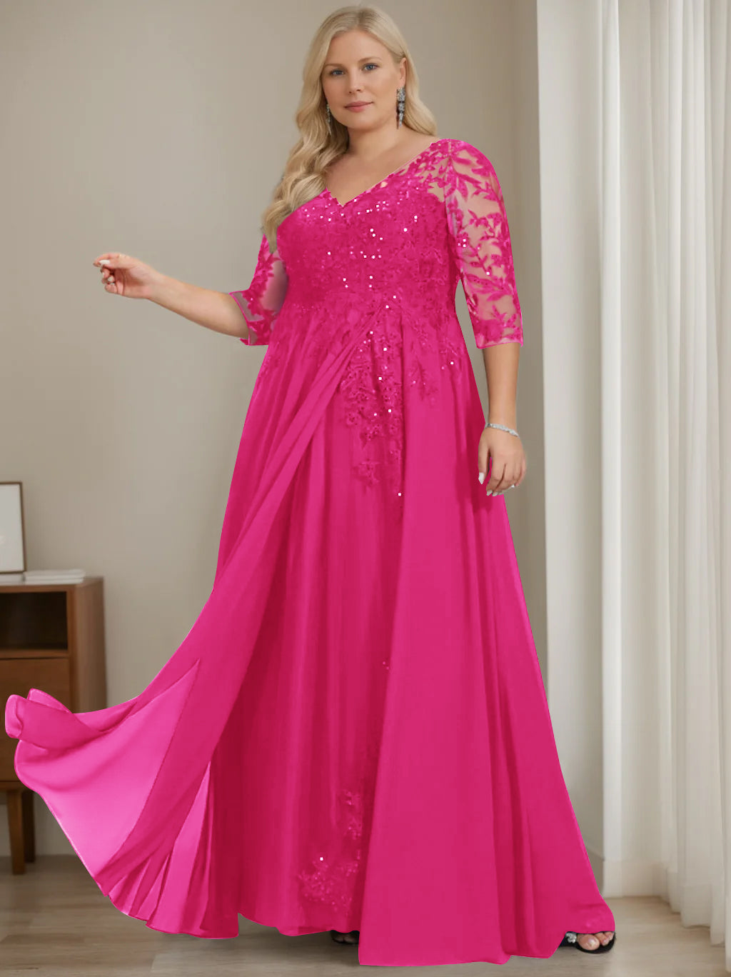 Robe de Mère de la Mariée Grande Taille, Coupe A-Line/Princess, Col en V, Manches Mi-Longues, Longueur Au Sol, avec Paillettes
