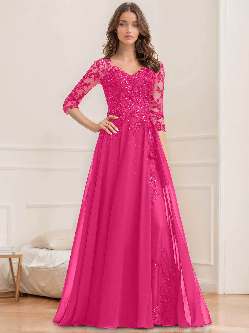 Robe de Mère de la Mariée Coupe A-Line/Princesse, Col en V, Manches Mi-Longues, Longueur Au Sol, avec Paillettes