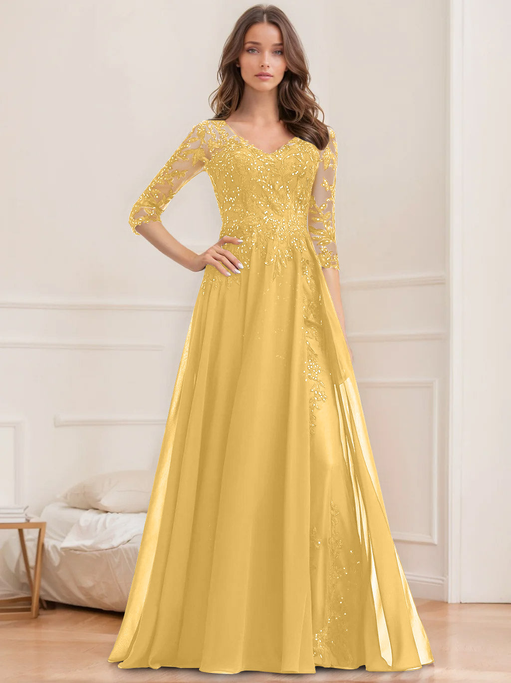 Robe de Mère de la Mariée Coupe A-Line/Princesse, Col en V, Manches Mi-Longues, Longueur Au Sol, avec Paillettes