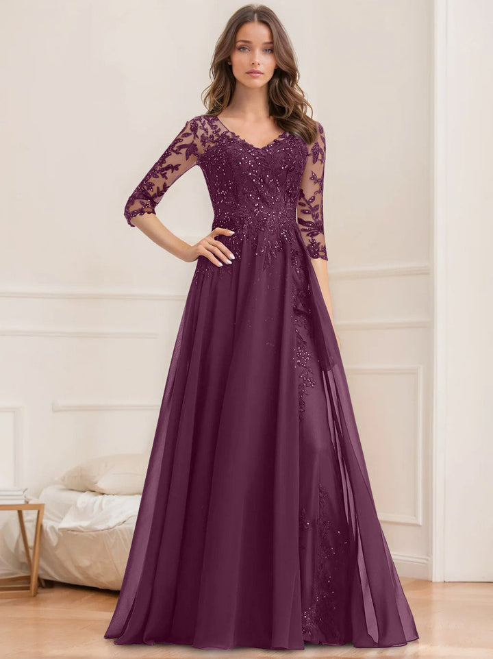 Robe de Mère de la Mariée Coupe A-Line/Princesse, Col en V, Manches Mi-Longues, Longueur Au Sol, avec Paillettes