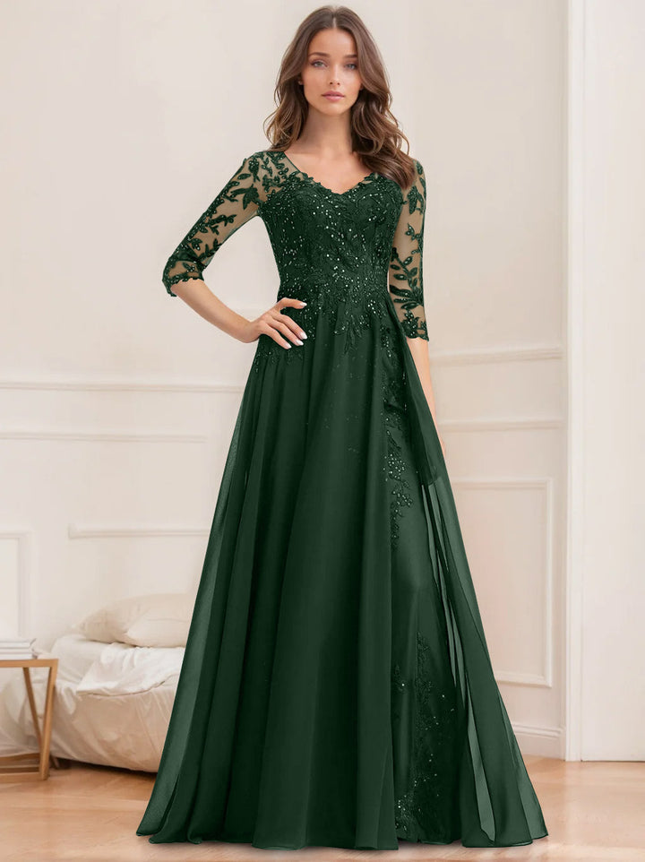 Robe de Mère de la Mariée Coupe A-Line/Princesse, Col en V, Manches Mi-Longues, Longueur Au Sol, avec Paillettes