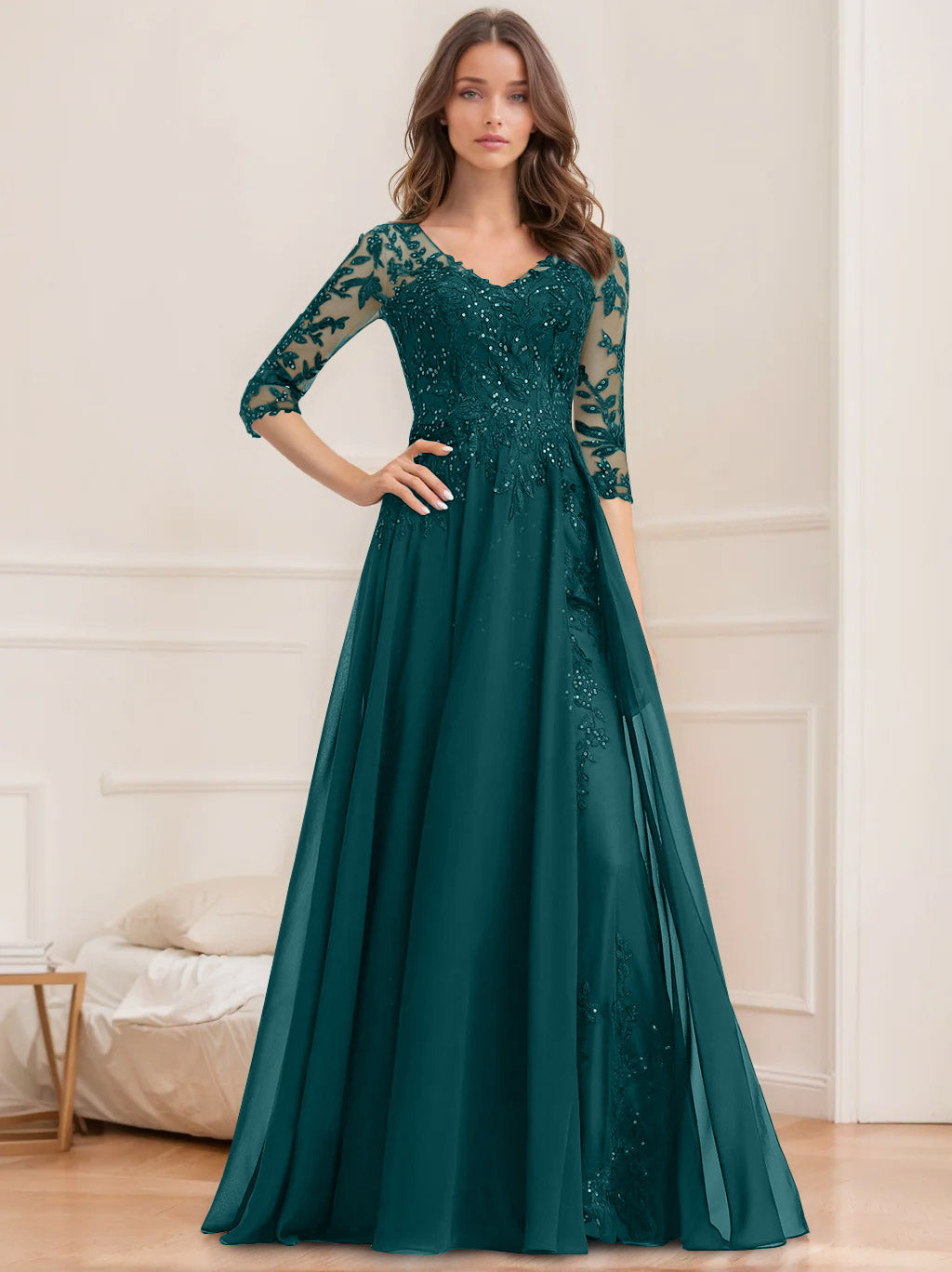Robe de Mère de la Mariée Coupe A-Line/Princesse, Col en V, Manches Mi-Longues, Longueur Au Sol, avec Paillettes
